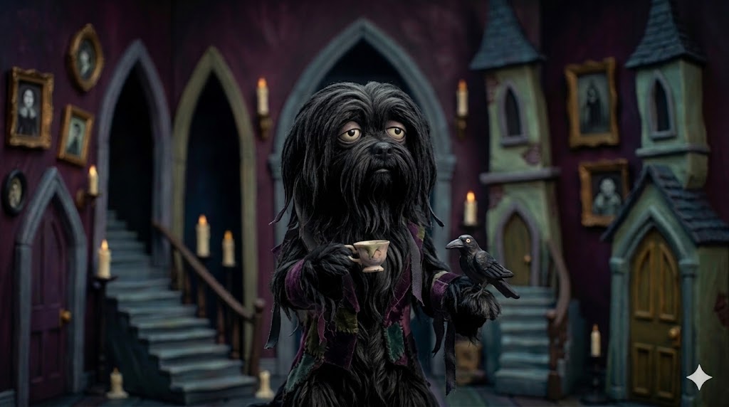 Uma cachorra Maluca cadavérico e melancólico, equilibra uma xícara de chá e um corvo em um cenário gótico de stop-motion.